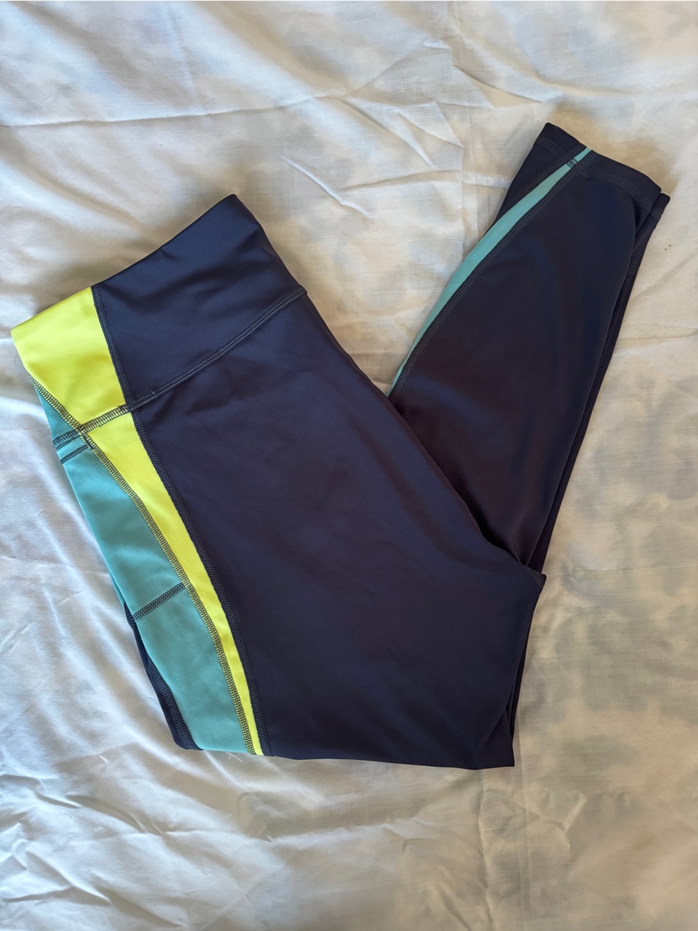Puma Navy Leggings with Aqua and Neon Yellow Side Panels